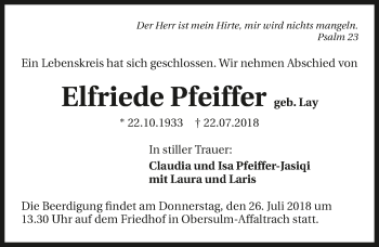 Traueranzeige von Elfriede Pfeiffer 