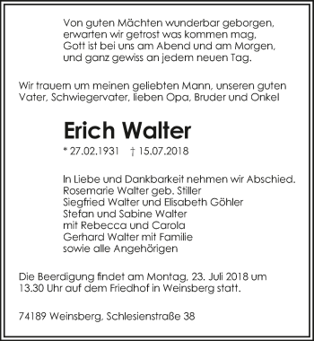 Traueranzeige von Erich Walter 