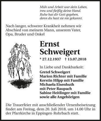 Traueranzeige von Ernst Schweigert 