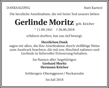 Traueranzeige von Gerlinde Moritz 