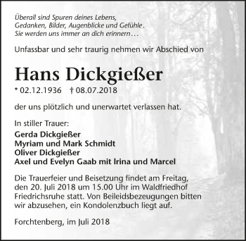 Traueranzeige von Hans Dickgießer 