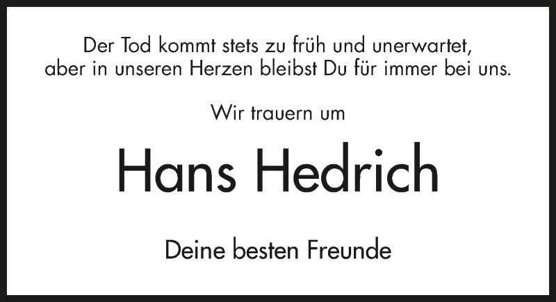  Traueranzeige für Hans Hedrich vom 21.07.2018 aus 