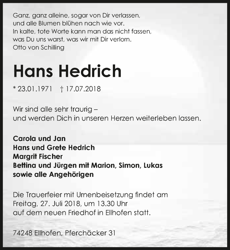  Traueranzeige für Hans Hedrich vom 21.07.2018 aus 