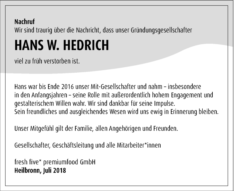  Traueranzeige für Hans Hedrich vom 27.07.2018 aus 