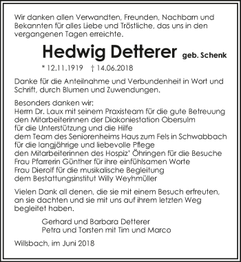 Traueranzeige von Hedwig Detterer 