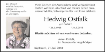 Traueranzeige von Hedwig Ostfalk 
