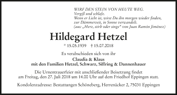 Traueranzeige von Hildegard Hetzel 