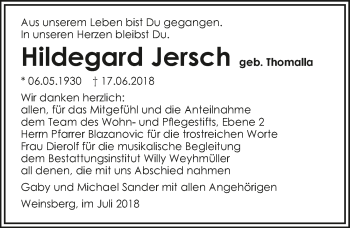 Traueranzeige von Hildegard Jersch 