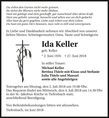 Traueranzeige von Ida Keller 