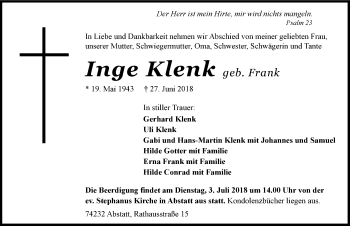 Traueranzeige von Inge Klenk 