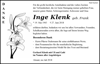 Traueranzeige von Inge Klenk 