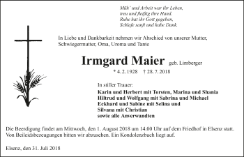 Traueranzeige von Irmgard Maier 