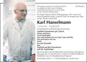 Traueranzeige von Karl Hanselmann 