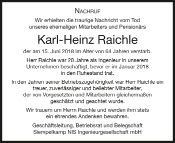 Traueranzeige von Karl-Heinz Raichle 