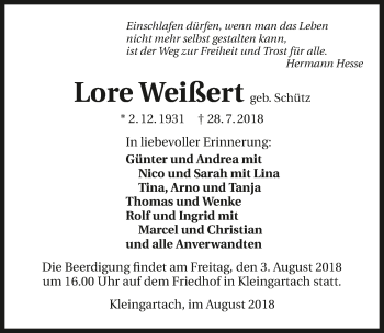 Traueranzeige von Lore Weißert 