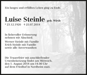 Traueranzeige von Luise Steinle 