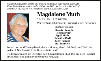 Traueranzeige von Magdalene Muth 