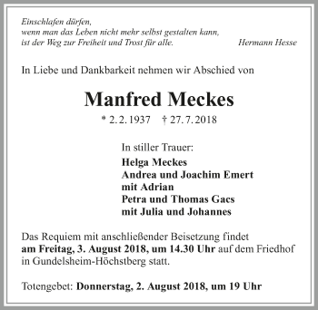 Traueranzeige von Manfred Meckes 