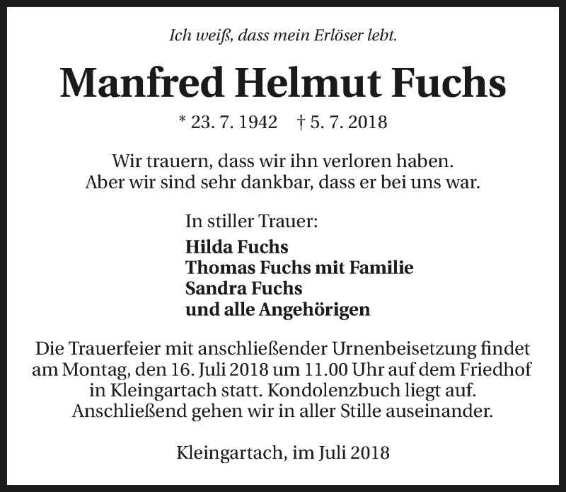  Traueranzeige für Manfred Helmut Fuchs vom 14.07.2018 aus 