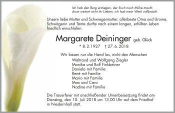 Traueranzeige von Margarete Deininger 