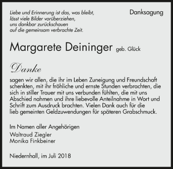 Traueranzeige von Margarete Deininger 