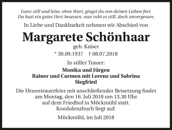 Traueranzeige von Margarete Schönhaar 