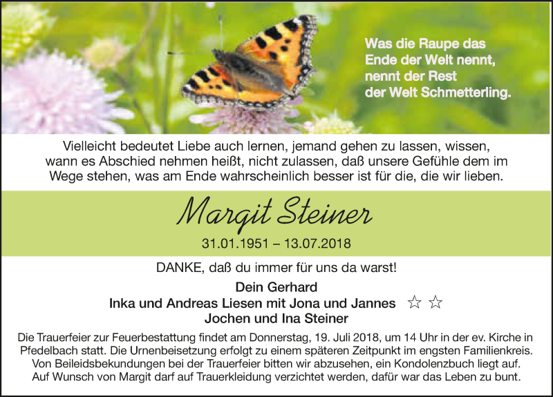  Traueranzeige für Margit Steiner vom 17.07.2018 aus 