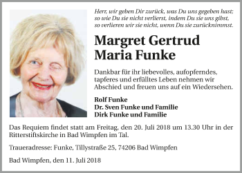 Traueranzeige von Margret Gertrud Maria Funke 