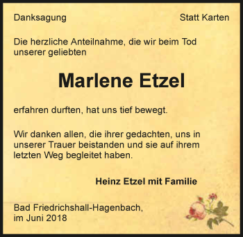 Traueranzeige von Marlene Etzel 