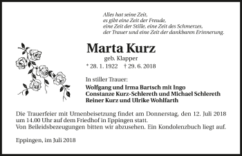 Traueranzeige von Marta Kurz 