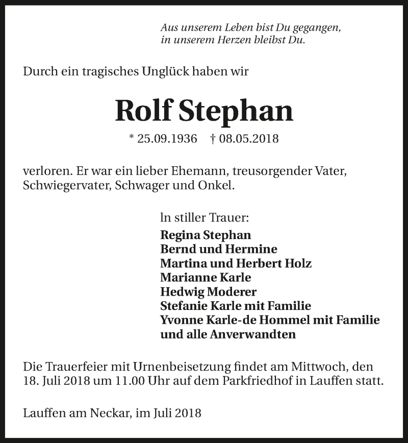  Traueranzeige für Rolf Stephan vom 14.07.2018 aus 