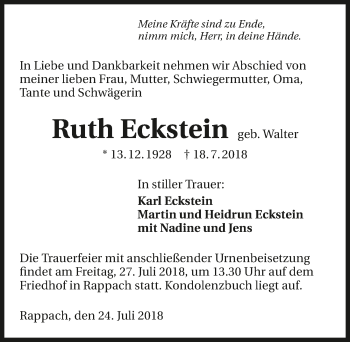 Traueranzeige von Ruth Eckstein 