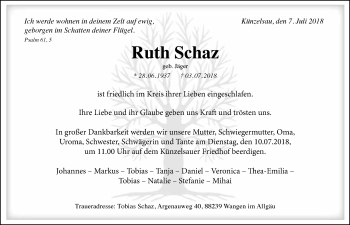 Traueranzeige von Ruth Schaz 