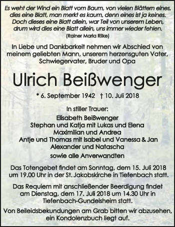 Traueranzeige von Ulrich Beißwenger 