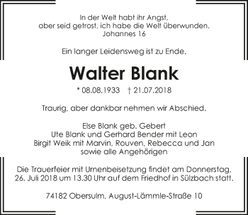 Traueranzeige von Walter Blank 