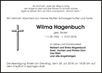 Traueranzeige von Wilma Hagenbuch 