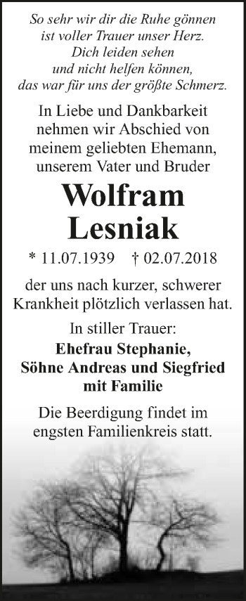 Traueranzeige von Wolfram Lesniak 