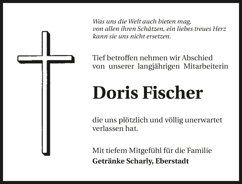  Traueranzeige für Doris Fischer vom 25.08.2018 aus 