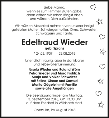 Traueranzeige von Edeltraud Wieder 