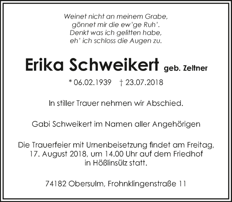  Traueranzeige für Erika Schweikert vom 11.08.2018 aus 