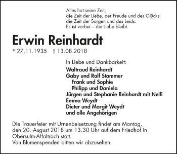 Traueranzeige von Erwin Reinhardt 