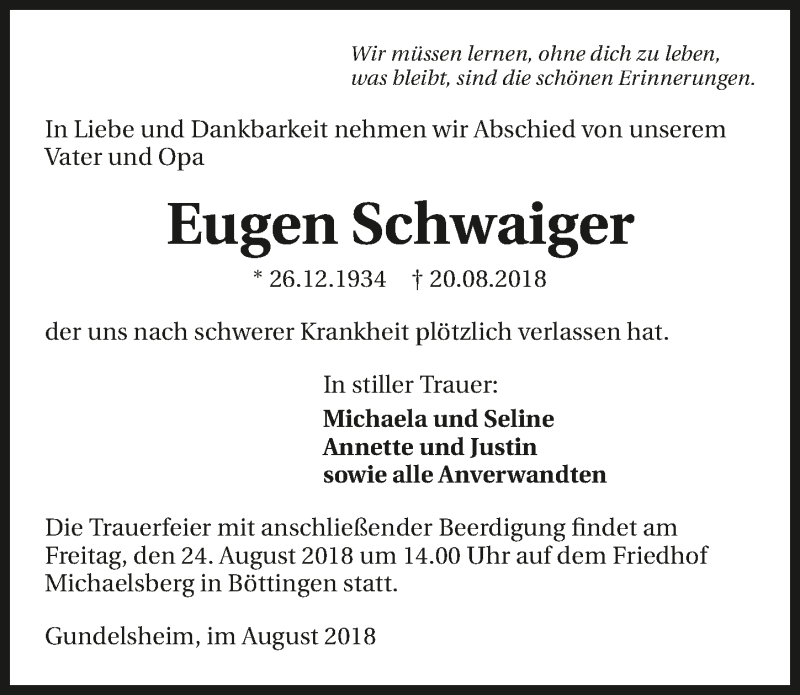  Traueranzeige für Eugen Schwaiger vom 22.08.2018 aus 