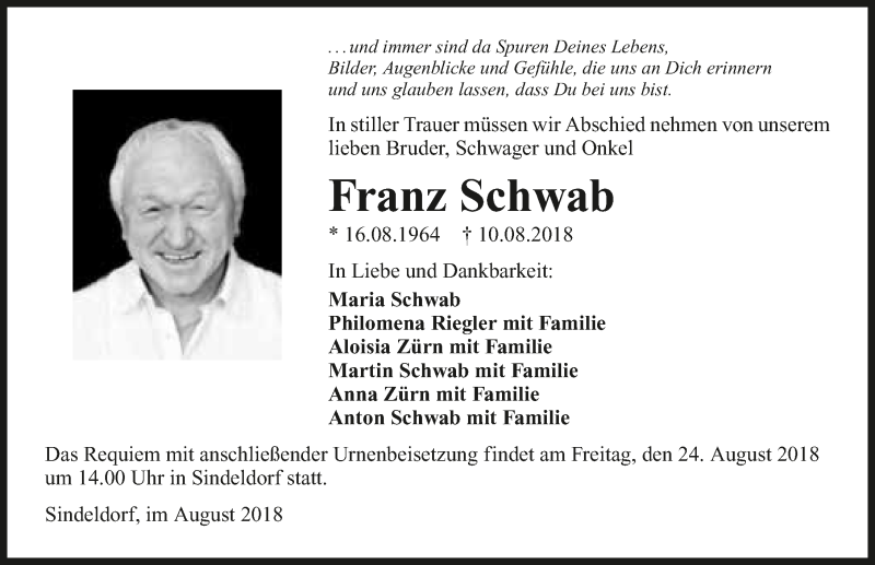  Traueranzeige für Franz Schwab vom 22.08.2018 aus 