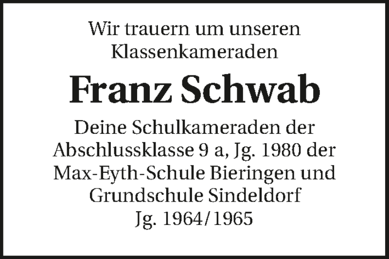  Traueranzeige für Franz Schwab vom 22.08.2018 aus 