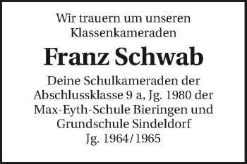 Traueranzeige von Franz Schwab 