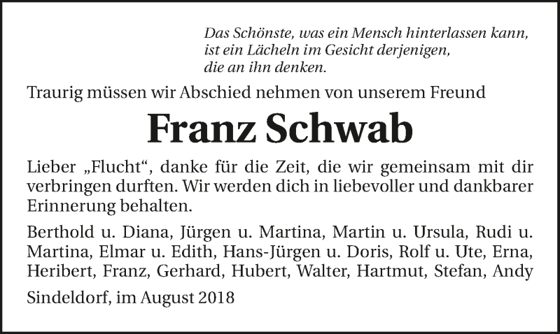  Traueranzeige für Franz Schwab vom 22.08.2018 aus 