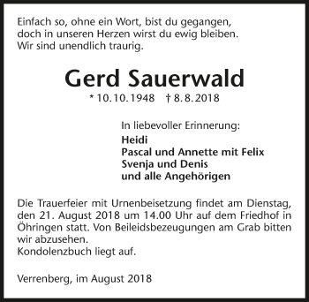 Traueranzeige von Gerd Sauerwald 