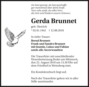 Traueranzeige von Gerda Brunnet 