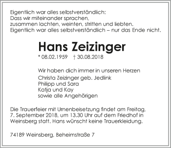 Traueranzeige von Hans Zeizinger 