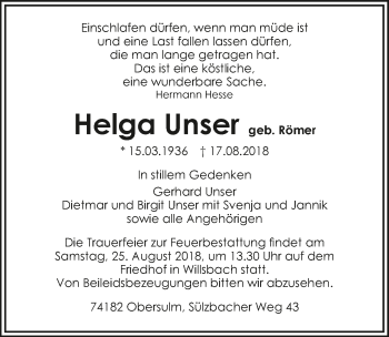 Traueranzeige von Helga Unser 